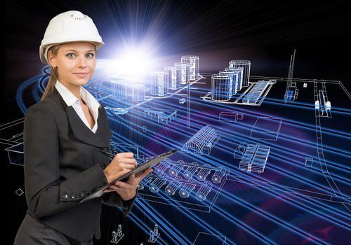 Businesswoman in suit and helmet holding clipboard, looking at camera. Wire-frame industry buildings with glow lines as backdrop