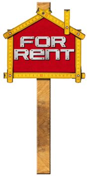 Yellow wooden meter ruler in the shape of house with text for rent. For rent real estate sign isolated on white background