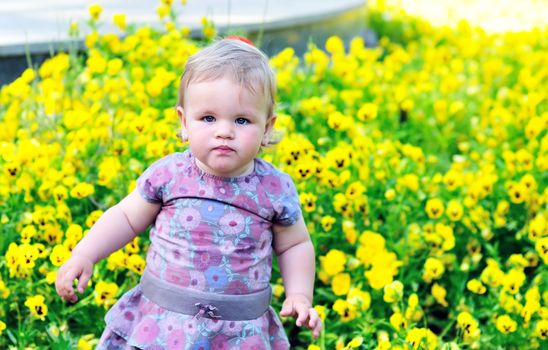 baby girl standing near yellow pansy
