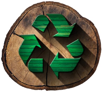 Green wooden recycling symbol on a section of tree trunk isolated on white background.