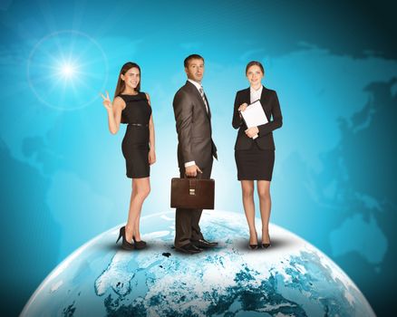 Three business person standing on Earth surface. Background is world map with blue gradient. Elements of this image furnished by NASA