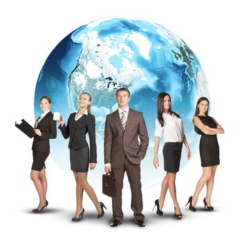 Five business person standing wedge. Earth as backdrop. White background. Elements of this image furnished by NASA