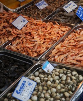 Large Group of Shrimps and mussels at the Seafood market in Paris