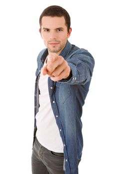 young casual man pointing, isolated on white