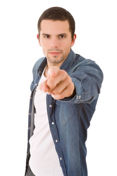 young casual man pointing, isolated on white