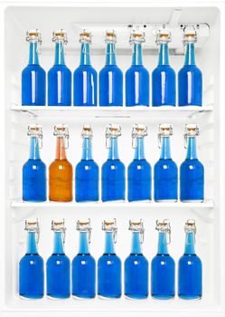 One orange Bottle among a large group of blue bottles in a fridge