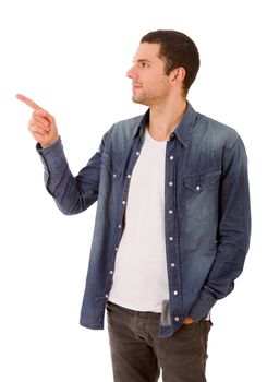 young casual man pointing, isolated on white