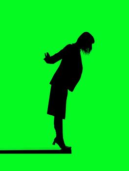 Silhouette of a woman close to fall down isolated on green background