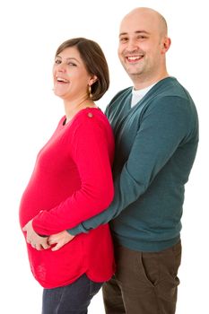 happy pregnant couple posing on white background