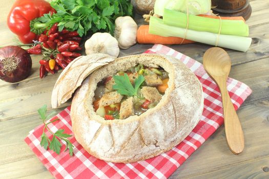 Bread soup with parsley, greens and croutons