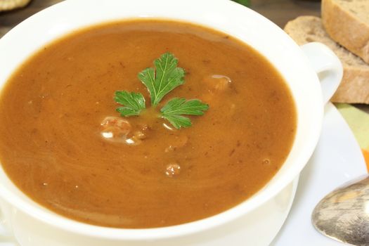 fresh winter duck soup on a checkered napkin and parsley