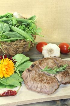 delicious Entrecote and Wild herb salad with rosemary