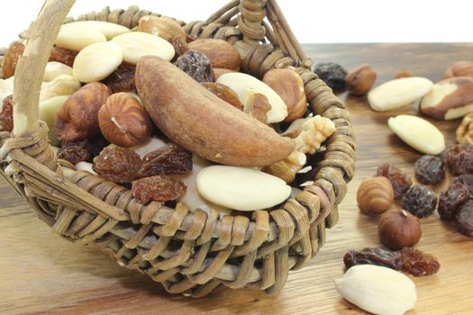 crunchy nut mixture with raisins in a basket