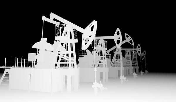 Gray silhuettes of oil pump-jacks. Industry concept