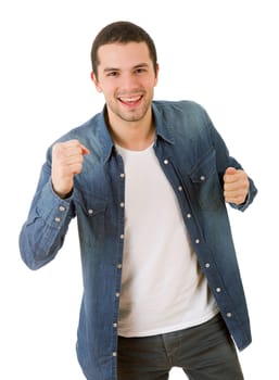 happy young man winning, isolated on white