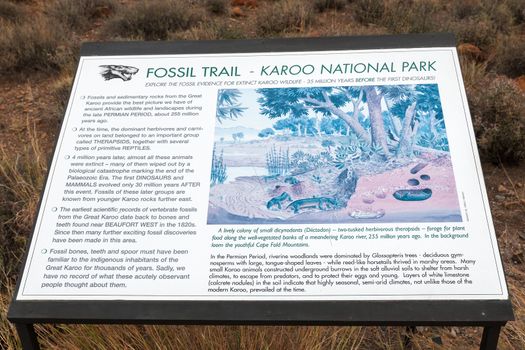 BEAUFORT WEST, SOUTH AFRICA - DECEMBER 2, 2014: Plaque at the fossil trail in the Karoo National Park
