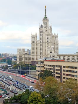 Moscow cityscape with Stalin's high-rise building  on Kotelnicheskaya embankment in Moscow, Russia.