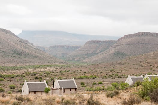 Karoo National Park landscape with chalets of the rest camp in the foreground