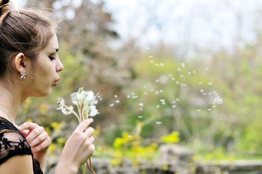 pretty teen  girl blowing on many dandelions 