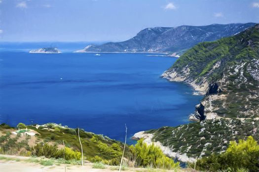 Bird eye view of a bay in Alonissos - Painting effect