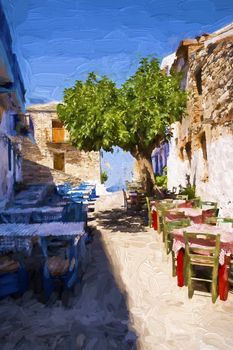 Alonissos Greek island street in the morning - Painting effect