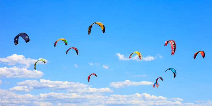 Many coloured sails in the blue sky - Kitesurfing in Rosignano, Italy
