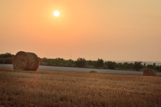 Three rolls of hays in the meadows orange coloured by the sun, Sicily, Italy