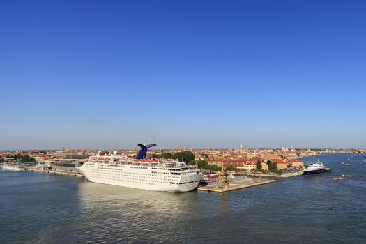 A panoramic view of Venice together with a big cruise ship docked, Venice, Italy 