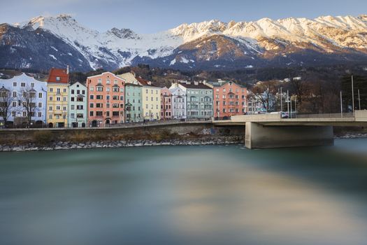 The Inn riverside and the beautiful moutains behind, Innsbruck, Austria 