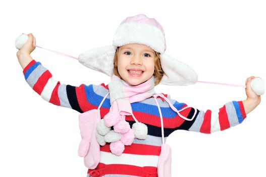 happy little  winter girl wearing hat, srarf and mitts