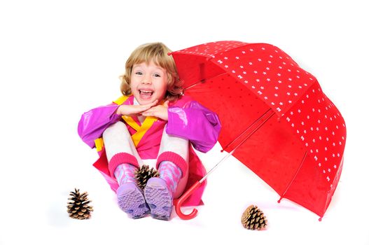 happy girl wearing raincoat and boots with umbrella