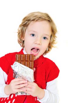 little girl want to bite big chocolate bar 