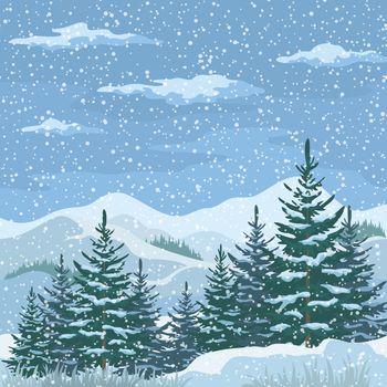 Christmas Winter Mountain Landscape with Firs Trees, Sky with Snow and Clouds