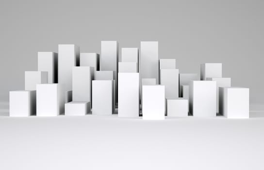 Many white cubes on gray background. Concept of urban construction