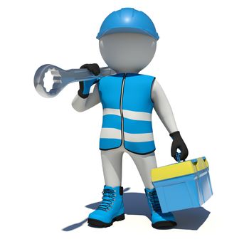 Worker in overalls holding tool box and wrench on his shoulder. Front view. Isolated render on white background