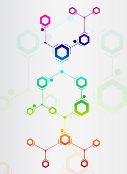 Abstract composition of colored lines and hexagons on white background