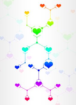 Abstract composition of colored lines and hearts on white background