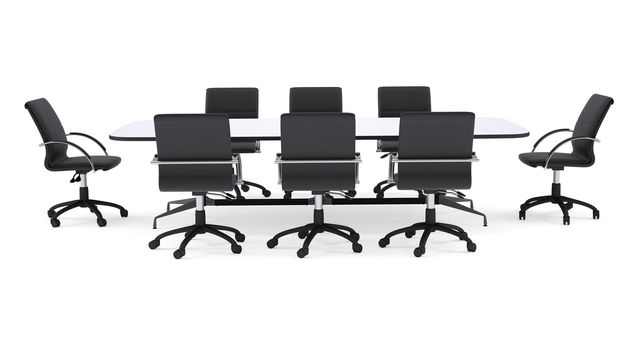 Conference table and black office chairs. Isolated render on white background