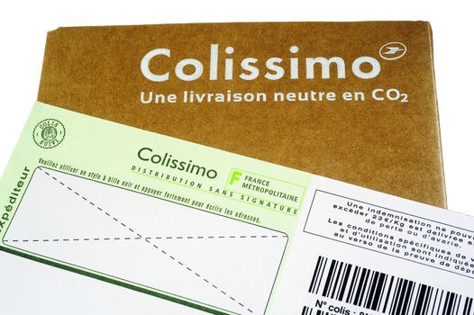 Mailing carton sold by the French Post for sending in France and followed by bar code with an insurance in case of loss.