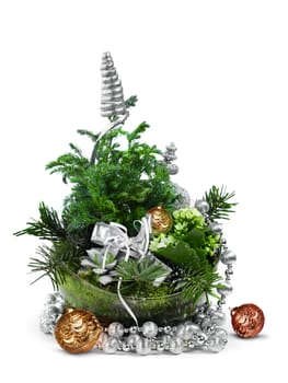 Modern Christmas green decoration arrangement isolated on white