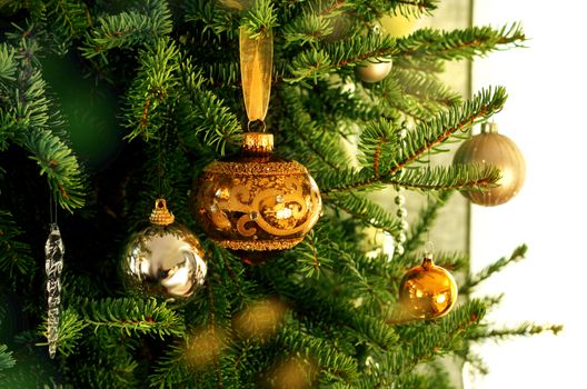 Green Christmas tree branch with golden decoration