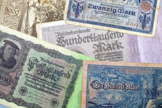 A collection of different historical banknotes from the depression in the twenties.