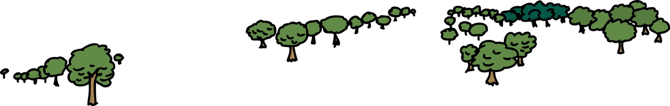 Set of various hand drawn cartoon trees
