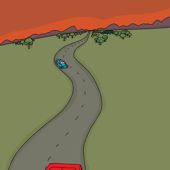 Cartoon scene of cars on road at sunset