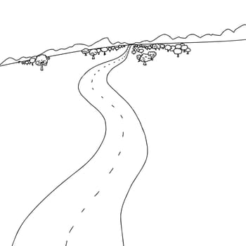 Hand drawn cartoon of winding road to mountains