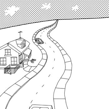 Outline cartoon of street with little house and cars
