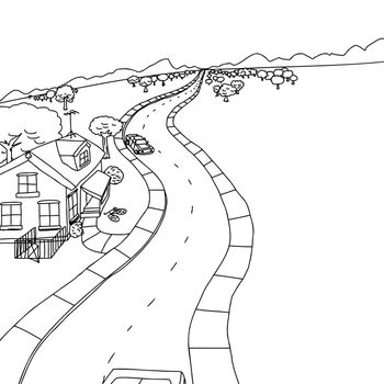 Outline drawing of house with trees along road