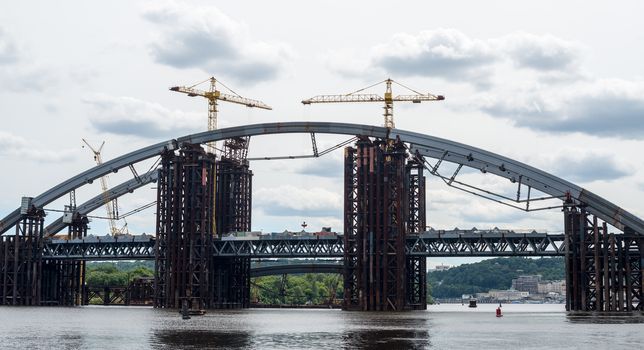 Construction of the new bridge across the Dnieper in Kyiv (Ukraine).