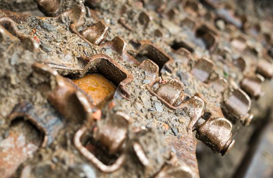 Continuous (caterpillar) tracks of the bulldozer. Close up.