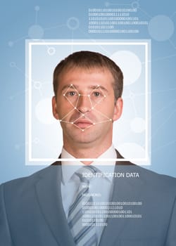 Concept of person identification. Man in suit, looking at camera. Face with lines, frame and text. Blue background